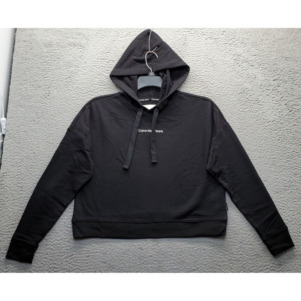Calvin Klein Jeans Cropped Hoodie Womens XS Black Long Sleeve Drawstring EUC